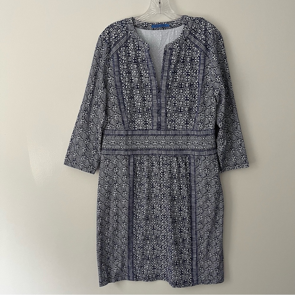 J McLaughlin Lola Sheath Dress Catalina Cloth Geometric Blue 3/4 Sleeves XL